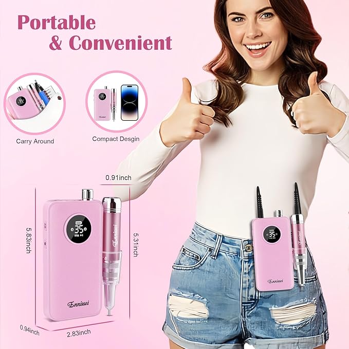 Nail Drill Kit Professional 35000RPM, Cordless Electric Nail File Drills Machine Uñas, Portable Rechargeable Efile 7 Bit Manicure Pedicure for Acrylic Nails Gel Remover Salon Home Tools, Pink