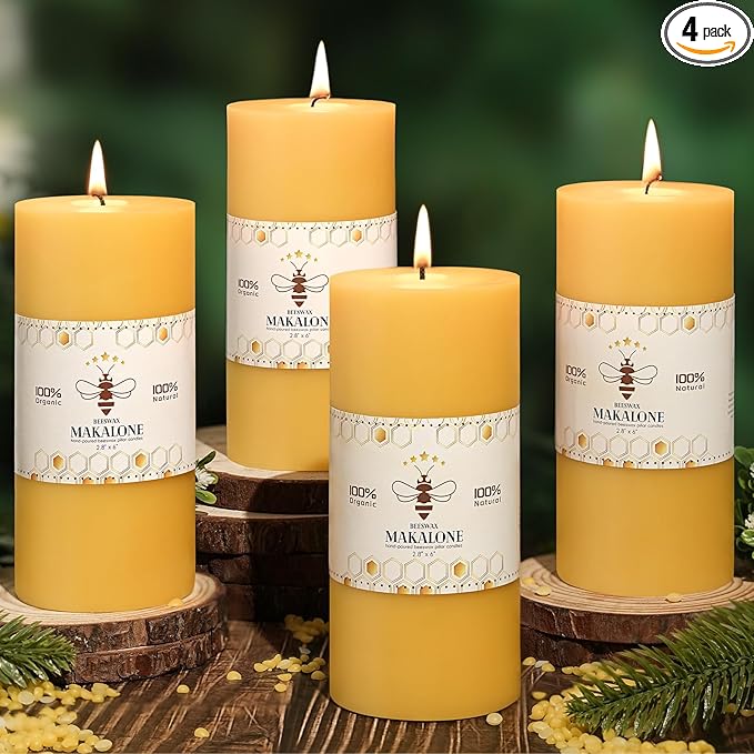 4 Pack Natural Beeswax Pillar Candles,100% Pure Beeswax Candles-380 Hours Long Burning,2.8x6in Unscented Bees Wax Candle for Home,Prayer,Emergency,Dripless Smokeless Organic Pillar Candle Bluk
