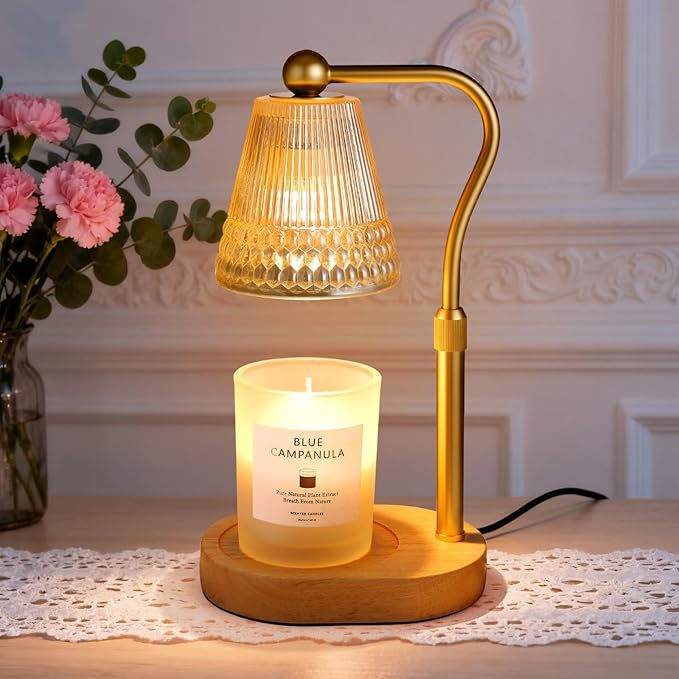 Candle Warmer Lamp Adjustable Height & Dimmable, Electric Candle Warmers for Jar Candles, Home Decor Lamp with Timer, Perfect Gifts for Women Men, Safe Night Light for Bedroom Office (Amber-wood)