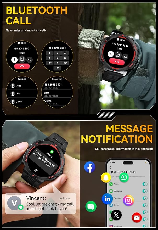 Military Smart Watch for Men with LED Flashlight Tactical Smart Watch 1.53”HD Screen Rugged Smartwatch 3ATM Waterproof 100+ Sports Fitness Tracker with Heart Rate Monitor for iOS Android