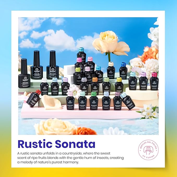 Beetles 25 Colors Gel Nail Polish Set, 32PCS Yellow Orange Gel Polish Rustic Sonata with Base Coat Glossy & Matte Top Coat White Blue Pink DIY Salon Soak Off UV Led Nails Gifts for Women