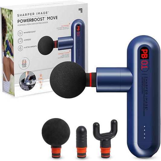 Sharper Image Powerboost Move - Mini Percussion Massage Gun| 4 Attachments, 4 Speeds, FSA Eligible| Full Body Back & Shoulder Massager| Deep Tissue Muscle Recovery| Portable Pain Relief Massage Tool