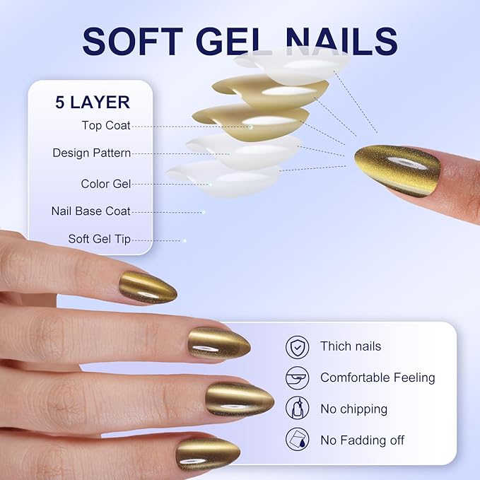 Misssix Cat Eye Press On Nails, 150Pcs Almond Cat Eye Nail Tips, Glossy Glitter Soft Gel Stick On Nails, Reusable Fake Nails for Nail Art DIY 15 Sizes