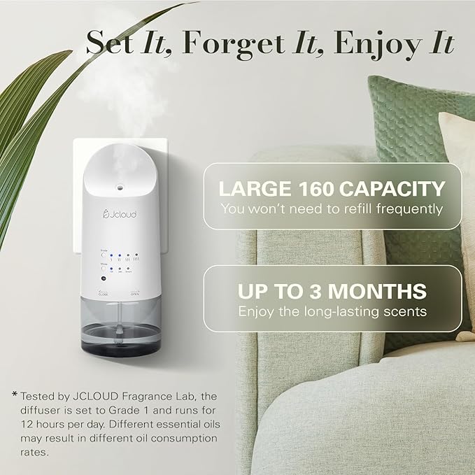 JCLOUD 2025 Plug in Diffuser for Essential Oils, Waterless Scent Diffuser Cover Up to 500 Sq. Ft. for Home, Office, Spa – Portable Smart Wall Diffuser 160ML, White