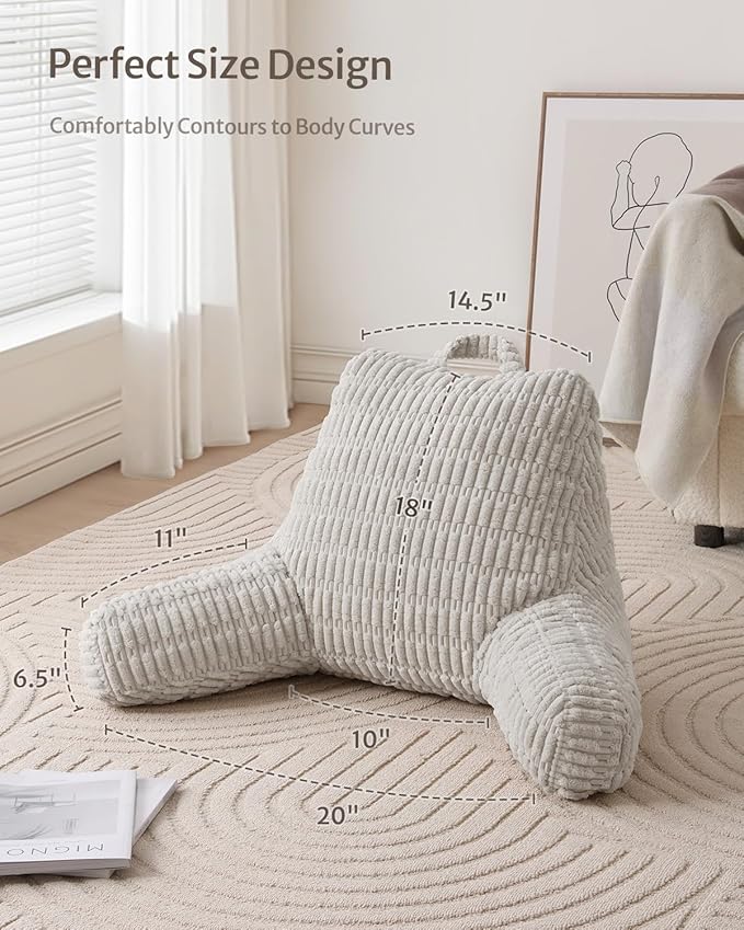 Blissful Diary Reading Pillow, Backrest Pillow with Shredded Memory Foam for Adult & Children, Designed for Bed and Couch Sitting Up, Includes Arms, Pockets and Washable Cover, Light Gray