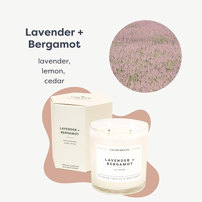 Calyan Wax Co. Lavender & Bergamot 2 Wick Scented Candle - 37 Hour Burn - Luxury Non Toxic Soy Wax Candles - Long Lasting Large Glass Jar Candle for Home - 8.8oz