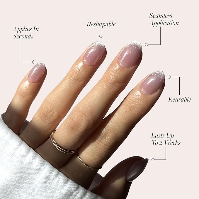 Glamnetic Press On Nails - Fairy Dust | Short Oval Beige-Pink Nails with a Mesmerizing Metallic Finish, Salon Quality | 15 Sizes - 30 Nail Kit with Glue