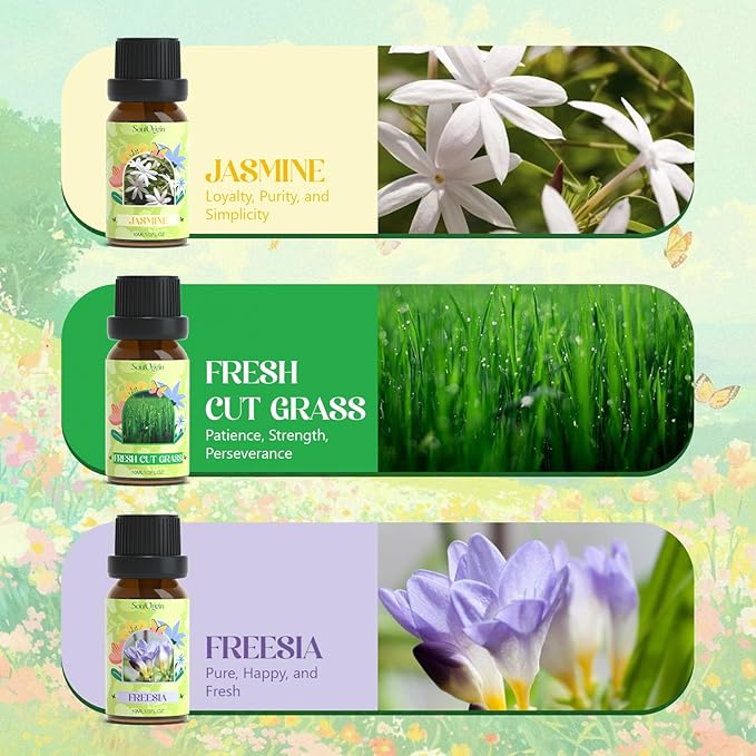 Spring Fragrance Oils Set, Essential Oil Gift Set for Diffuser, Spring Scent Diffuser Oil, Diffuser Scents Oil for Home,Freesia,Breeze,Fresh Green Willow,Fresh Cut Grass,Jasmine, After Rain