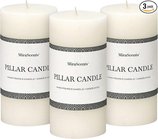 3x6 Inch White Pillar Candles - Set of 3, Hand-Poured Unscented, Long Burning, Smokeless Dripless for Dinner Table, Wedding, Home, Bathroom, Rustic Decor