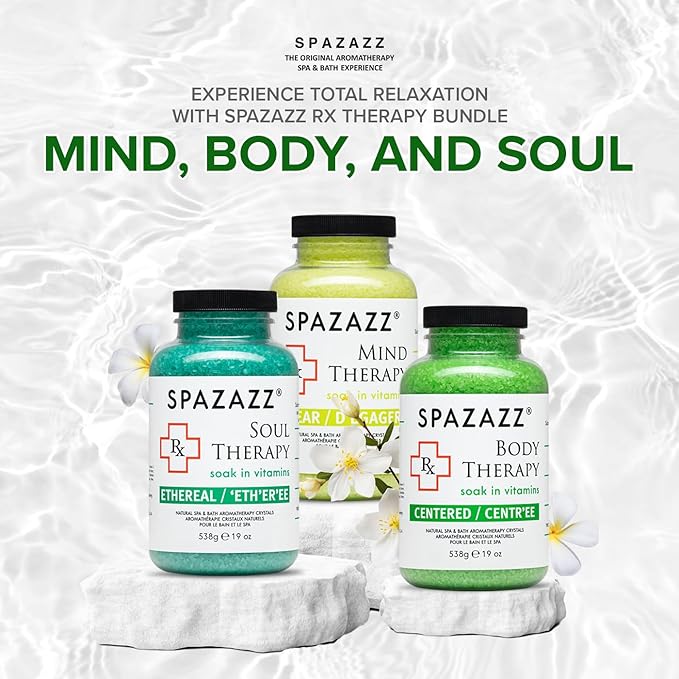 RX Therapy Spa and Hot Tub Aromatherapy Scented Relaxation Bath Salt Crystals - Mind Body and Soul Bundle Gift Set (19 Oz) Includes 5 Point Full Body Massage Tool & Hot Cold Towel (19OZ 3 Pack)