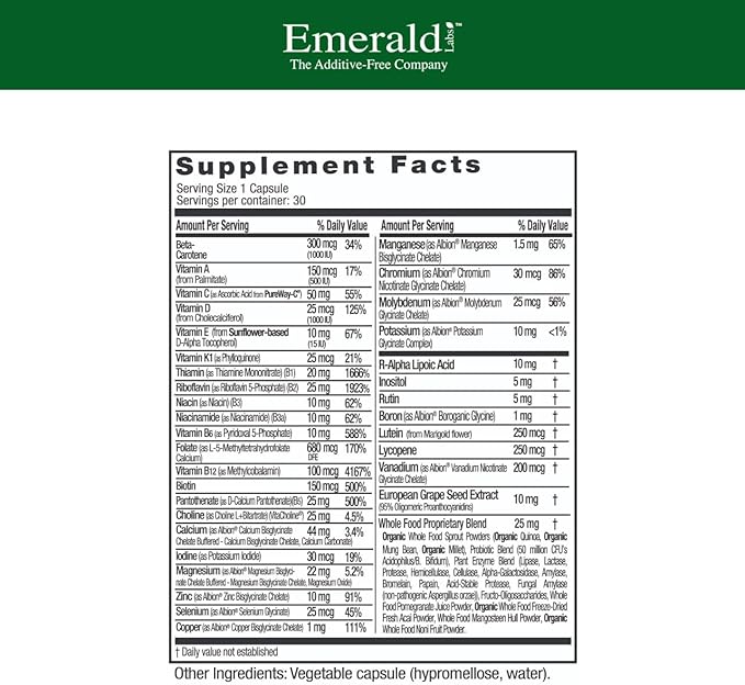 EMERALD LABS Women's 1-Daily Multi - Multivitamin for Women - Includes Calcium, Zinc, Vitamin B & More - Bone & Immune Support Supplement* - Gluten-Free - 30 Vegetable Capsules
