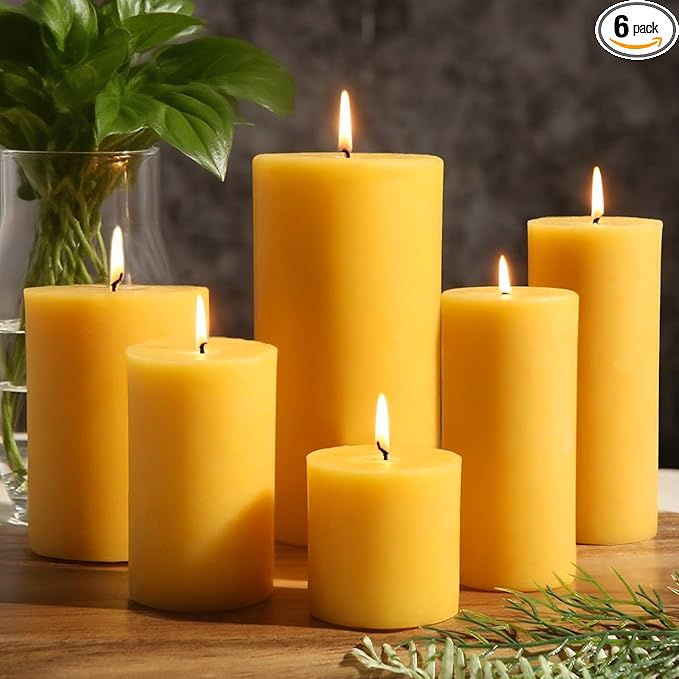 Natural Beeswax Candles Set of 6, Handmade Beeswax Pillar Candles Set, 6 Sizes, 100% Pure Unscented Bees Wax Candle, Honey Aroma Pillar Candles Bulk, for Calming, Relaxing, Air Purification