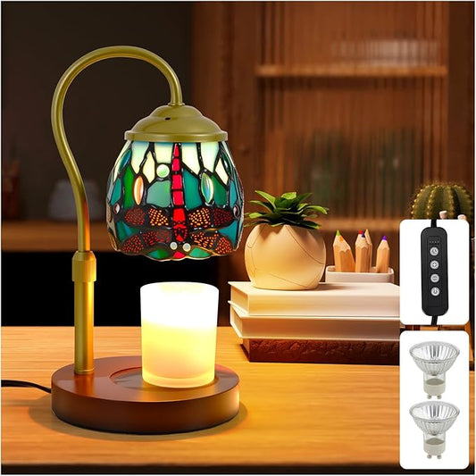 Candle Warmer Lamp Tiffany Style Dragonfly, with Timer Dimmer Adjustable Height, Stained Glass Candle Warmer Lamp with 2 Bulbs, Vintage Home Decor Gift, Wax Melt Warmer for Scented Jar Candles
