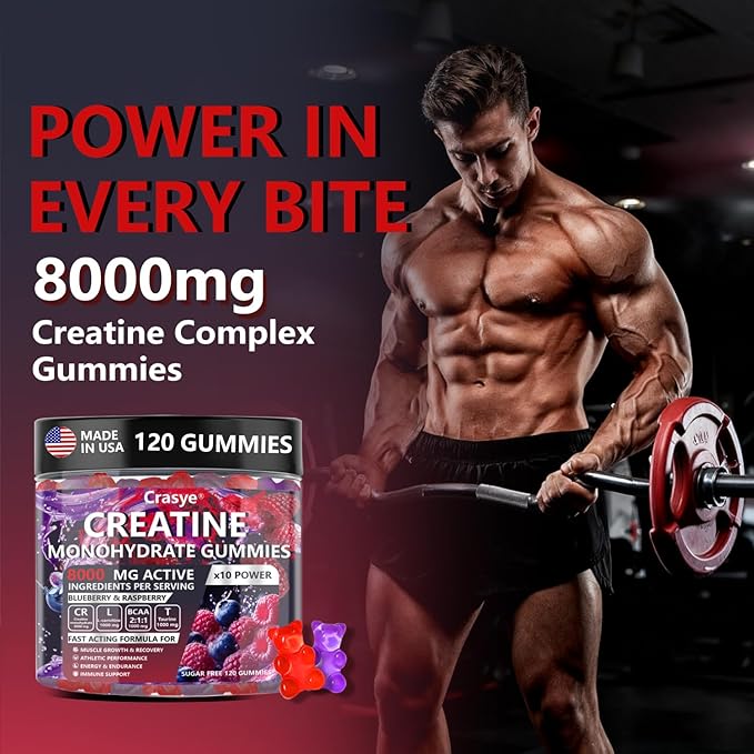Creatine Gummies Complex 8000mg for Men and Women Creatine Monohydrate Gummy with BCAA Taurine for Muscle Strength and Energy Boost Sugar Free Pre-Workout Supplement - 120 Gummies