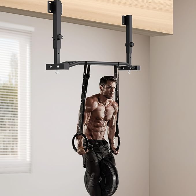48" Joist Mounted Pull Up Bar, Multi-Grip Ceiling Mount Chin Up Bar for Garage, Basement, Beam, Rafter, Truss Easy installation, Heavy Duty, Adjustable Height, Cross Training Strength Building