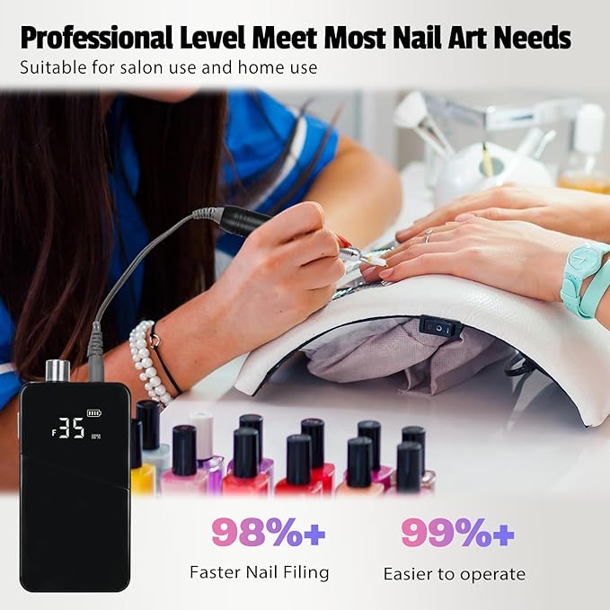 Electric Nail Drill Machine 35000RPM Professional Portable Nail File Cordless Rechargeable Nail Efile for Acrylic Gel Nails Manicure Pedicure Polishing Shape Tools for Salon (Black)