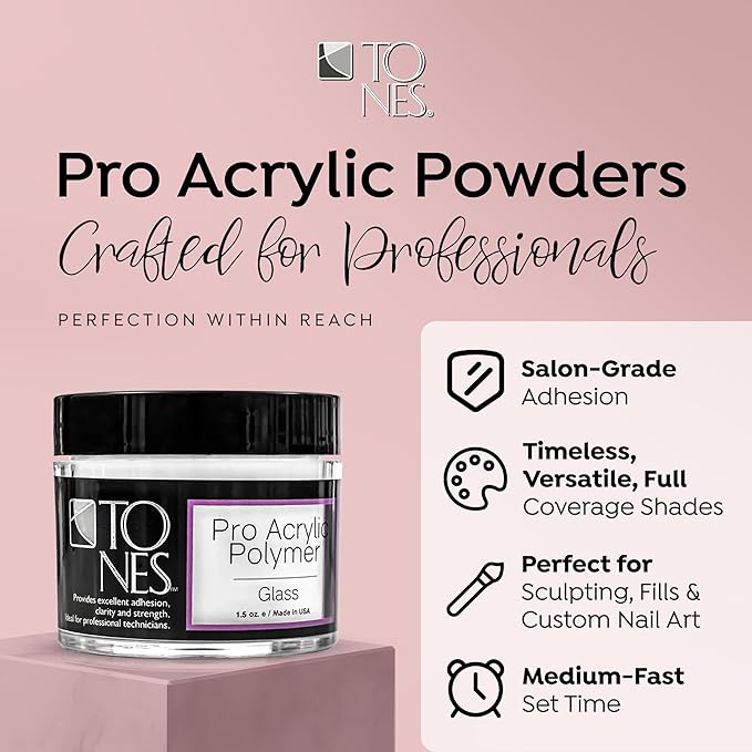 Tones Pro Acrylic Nail Powder, Glass (Clear), (8.5 Fl Oz) - Long-Lasting & Non-Yellowing Polymer for Salon Quality Nail Extensions & 3D Art