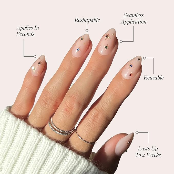 Glamnetic Press On Nails - North Star | Semi-Transparent 3D Multicolor Gems Short Almond Fake Nails, Salon Quality | 15 Sizes - 30 Nail Kit