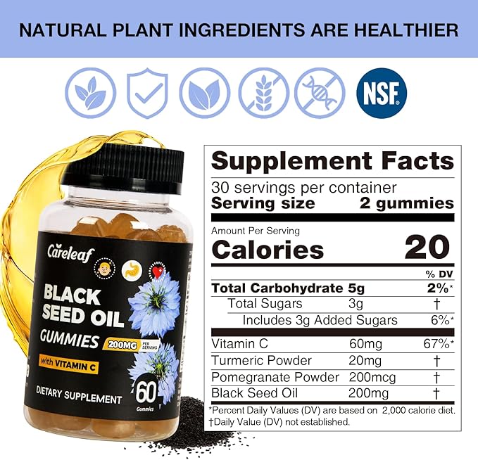 Black Seed Oil Gummies with Turmeric & Pomegranate | 200mg Antioxidant Supplement for Immune Support, Skin & Heart Health | Vitamin C Enriched for Hair & Nails | Natural Vegan Gummy