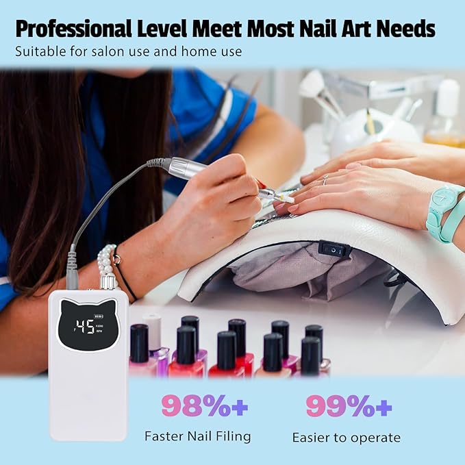 Professional Nail Drill File 45000RPM Electric Portable Nails Drills Kit with Rechargeable 7 uñas Bits Cordless Efile for Poly Gel Acrylic Nails Remover Home Salon Pedicure Manicure Tool (White)