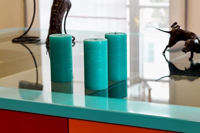 Set of 3 Pillar Candles 3" x 6" Unscented Handpoured Weddings, Home Decoration, Restaurants, Spa, Church Smokeless Cotton Wick - Turquoise