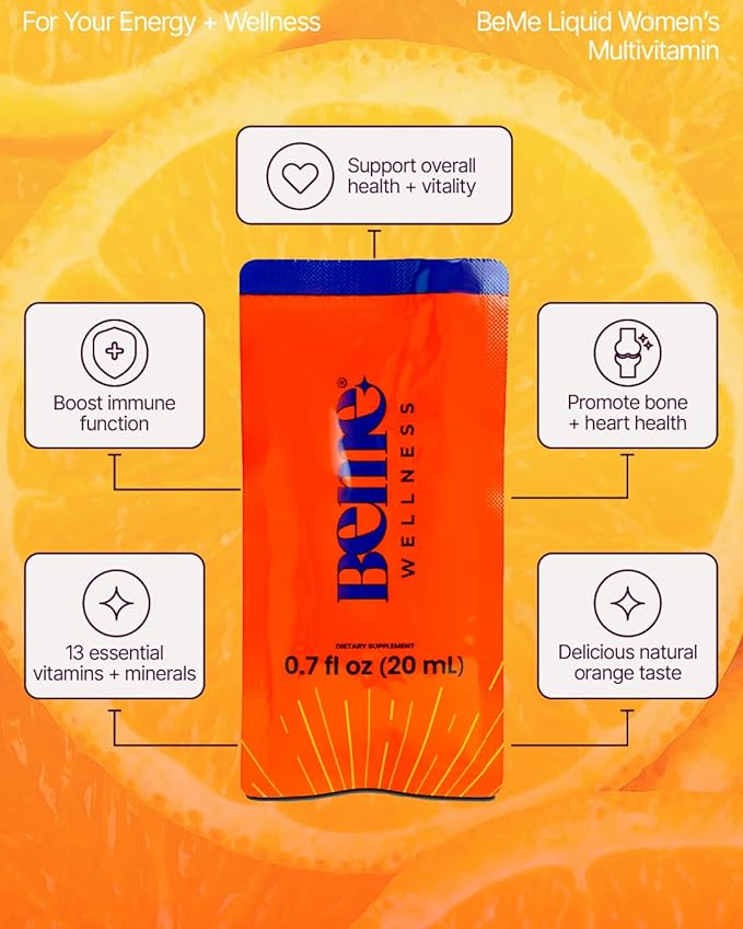BeMe Liquid Multivitamin for Women - 2X Faster Absorption & High Bioavailability - Vitamin C+E, D, K, Calcium, Zinc, Magnesium - Clinically Tested Womens Multivitamin, Non-GMO, Soy, Dairy Free