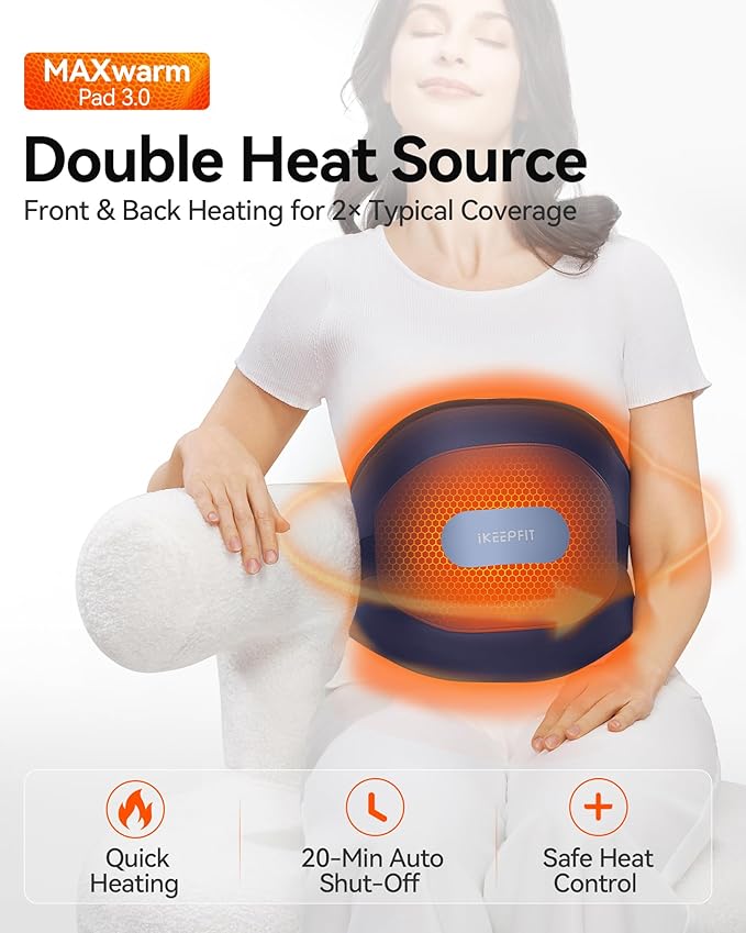 Portable Heating Pad with Massager for Back Pain Relief: MAXwarm 3.0, IKEEPFIT Electric Cordless Heat Pad for Period Cramps, Extra Large 65", 8000mAh Battery, Gift for Women Men (Blue)