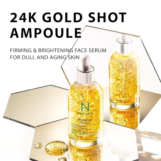 AMPLE:N 24k Gold Shot Serum - Korean 24K Gold Anti Aging Serum – Erasing Wrinkles and Fine Lines with Collagen & Peptides – Evens Skin Tone for Dull and Saggy Skin - 3.38 fl.oz.