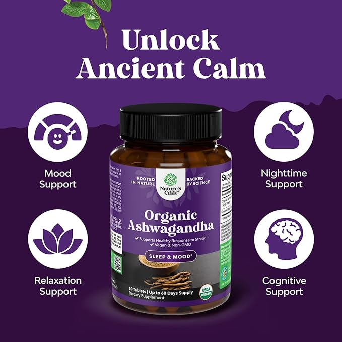 High Strength Organic Ashwagandha Supplements - Ashwagandha Organic Tablets for Mood Support & Hormone Balance for Women & Men - Root Extract Powder with Black Pepper for Better Absorption - 60 Ct