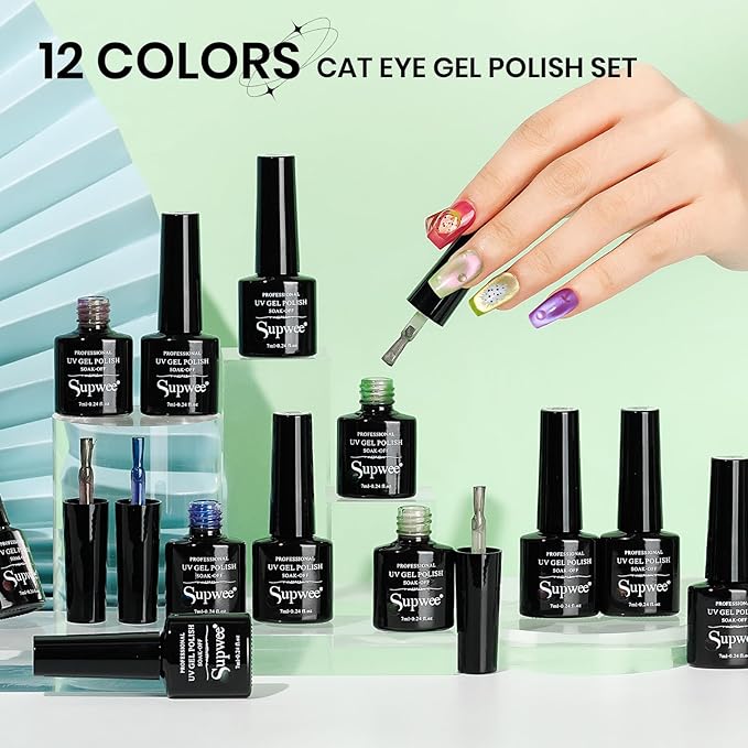 Cat Magnetic Eye Gel Nail Polish 12 Colors Shimmer Glitter Cat Eye Gel Polish Fruit Colors Cateye Manicure Gift Soak Off Lamp Salon DIY at Home(Purple Green Blue)