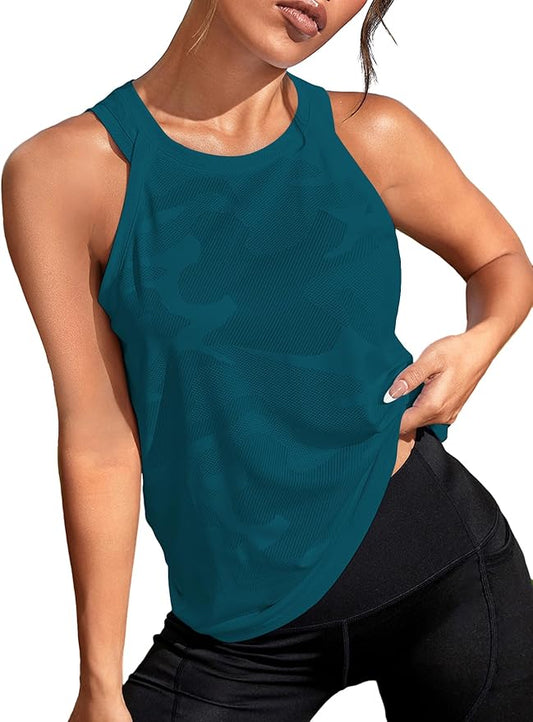 OYOANGLE Women's Camo Print Sleeveless Workout Shirts Exercise Running Tank Tops Active Gym Tops