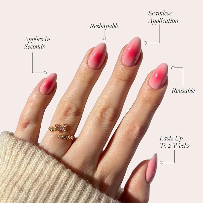 Glamnetic Press On Nails - Blushing Aura | Short Almond Trendy Pink with Ombre Center Nails in a Glossy Finish | 15 Sizes - 30 Nail Kit with Glue