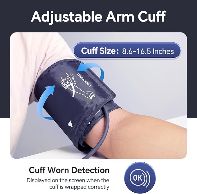 Sinocare Blood Pressure Monitor, Upper Arm Blood Pressure Monitors for Home Use, Adjustable Arm Cuff 8.6"-16.5", One-Button Operation, Dual User, Accurate & Practical