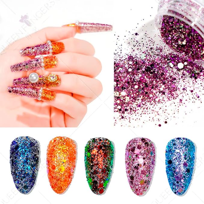 12 Pots Holographic Nail Art Sequins 3D Laser Chameleon Chunky Nail DIY Sparkly Glitter Flakes for Women Manicure Tips Decorations