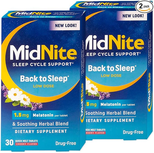 MidNite Back To Sleep Low Dose, 1.5 mg Melatonin Sleep Aid, Non-habit Forming, Herbal Dietary Supplement For Adults, Drug-free, Gluten-free, Lactose-free, Vegetarian, Vegan, 30 Quick Melt Tablets 2 ct