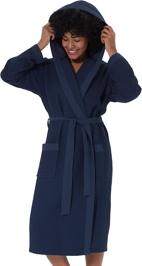 SEYANTE Women’s Luxury Waffle Shawl Collar, Hooded Robe w Piping – Lightweight, Long, Ultra Soft Spa Sleepwear Bathrobe