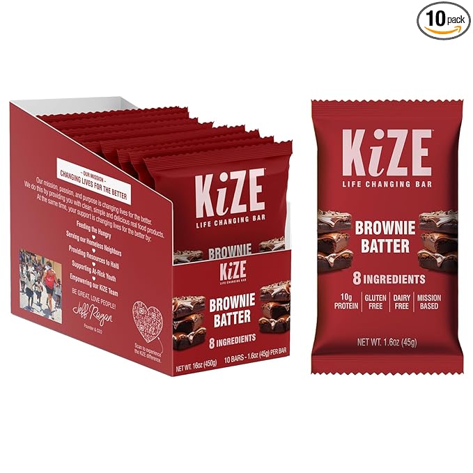 KiZE Energy Bars - Brownie Batter - Almond-Butter-Based, Gluten Free, Dairy Free, Non-GMO, and High Protein Meal Replacement Energy Bars, Clean and Simple Food Ingredients - 10g High Protein Snacks, (10 Count)