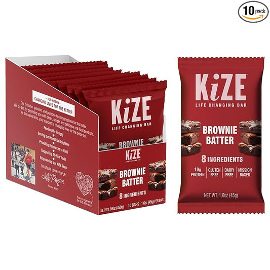 KiZE Energy Bars - Brownie Batter - Almond-Butter-Based, Gluten Free, Dairy Free, Non-GMO, and High Protein Meal Replacement Energy Bars, Clean and Simple Food Ingredients - 10g High Protein Snacks, (10 Count)