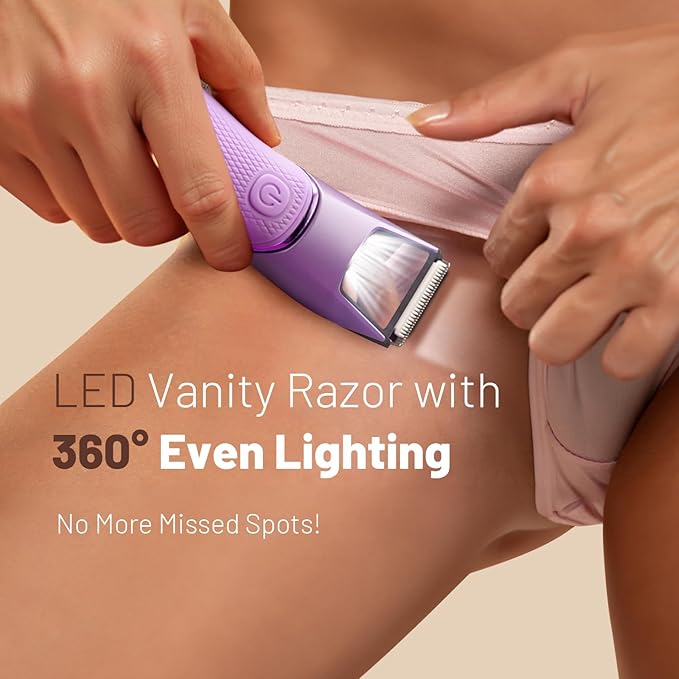 Bikini Trimmer for Women: Pubic Hair Razor with Mirror & LED Light, Electric Shaver with Ceramic Blades & Travel Lock - Body Groomer IPX7 Waterproof Use for Legs/Arm/Underarm - Purple