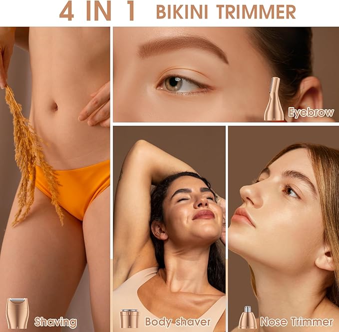 Hair Clippers & Bikini Trimmer for Women - Waterproof Electric Clippers and 4 in 1 Bikini Trimmer Set, Deluxe Hair Trimmer, Wet/Dry Body Shaver for Nose Eyebrows Beard Pubic Hair, Mauve