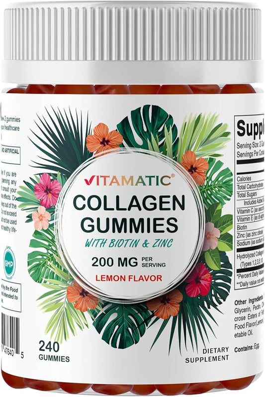 Vitamatic Hydrolyzed Collagen Gummies with Vitamin C, Zinc and Biotin, 200 mg - Healthy Skin Support - 240 Gummies