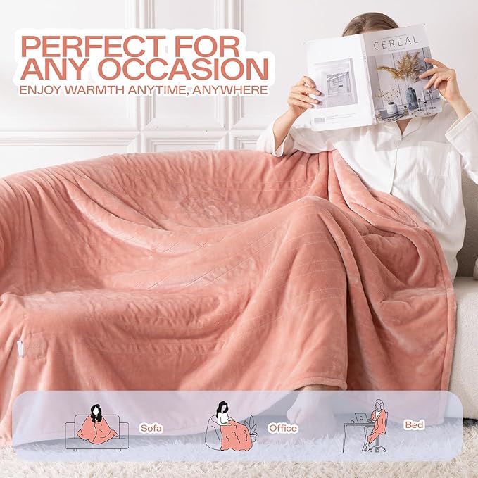 Electric Blanket Heated Throw, 50" x 60" Heated Blanket with 8 Heat Levels & 8 Hours Auto Off, Fast Heating Blankets Machine Washable with ETL Certification, Pink
