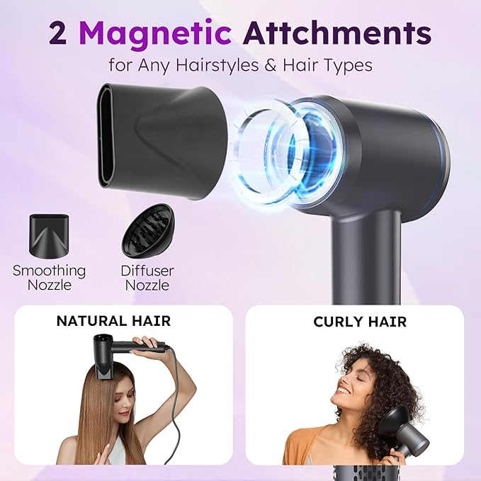 Hair Dryer, Professional Ionic Hair Dryer for Fast Drying, Low Noise, Lightweight, 600 Million Negative Ions High-Speed Hair Blow Dryer with Diffuser for Curly Hair Women, Men, Home, Travel, Salon