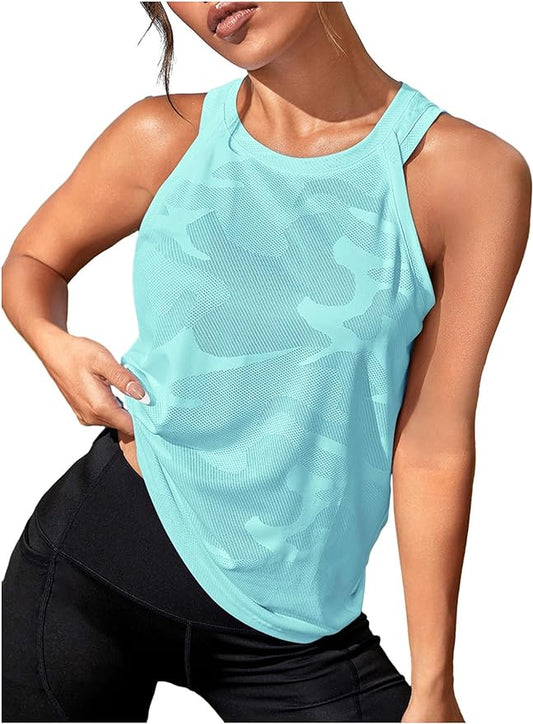 OYOANGLE Women's Camo Print Sleeveless Workout Shirts Exercise Running Tank Tops Active Gym Tops