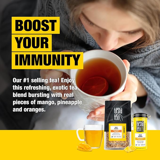 Tiesta Tea - Maui Mango, Loose Leaf, Mango Pineapple Herbal Tea, Premium Non-Caffeinated Fruit Blend, Makes Hot or Iced & Brews Up to 250 Cups - 16oz Bulk Pouch & 5.5oz Refillable Tin Combo