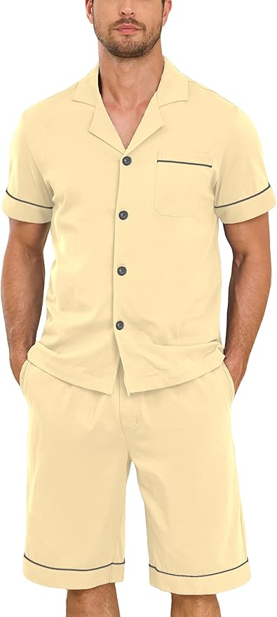 COLORFULLEAF Men's 100% Cotton Short Sleeve Pajama Sets Button Down Notched Collar Sleepwear Soft Lounge Pjs with Pockets