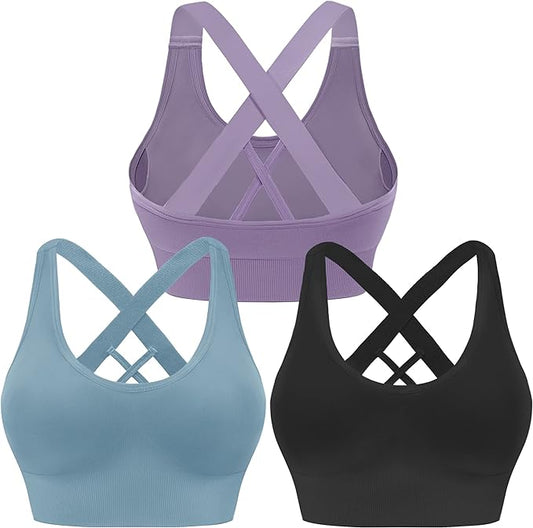 Evercute Sports Bra for Women Padded Medium Support Criss Cross Strappy Bras Seamless High Impact Yoga Exercise Athletic Bras
