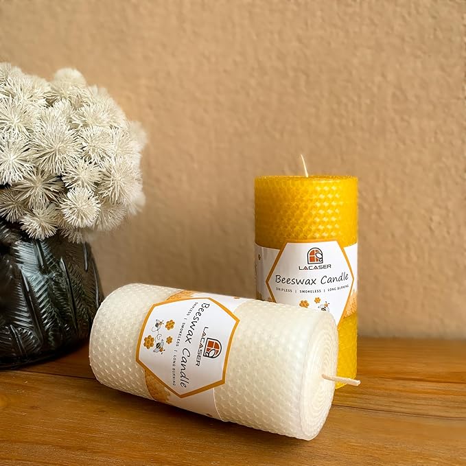Large Beeswax Pillar Candles, Size 3"x6", Natural Bees Wax Candle Sheet Handrolled for Home, Unscented & Smokeless, 40 Hour Burn Time, White