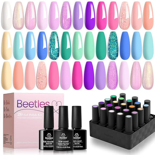 Beetles Purple Gel Nail Polish Set - 20 Colors Hot Pink Purple Shimmer Green Unicorn Bright Glitter Manicure Macaron Collection Pastel Gel Polish Kit with Base Matte Glossy Top Coat