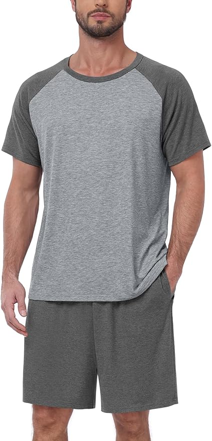 Mens Pajama Set Summer Pjs Sleepwear Lightweight Short Sleeve Pjs Soft Comfy Sleep Set With Pocket